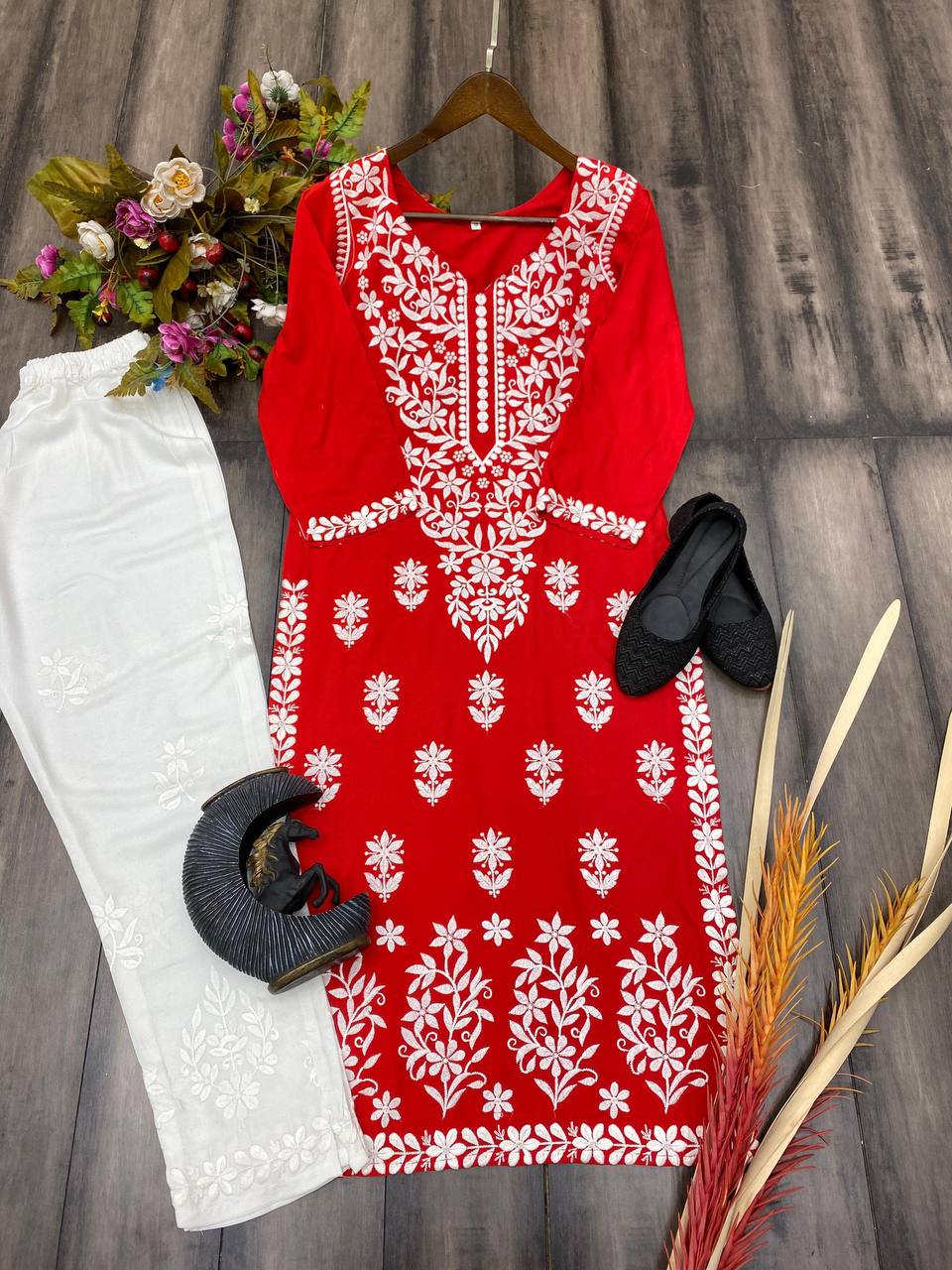 Red ChikanKari Pallazo Set