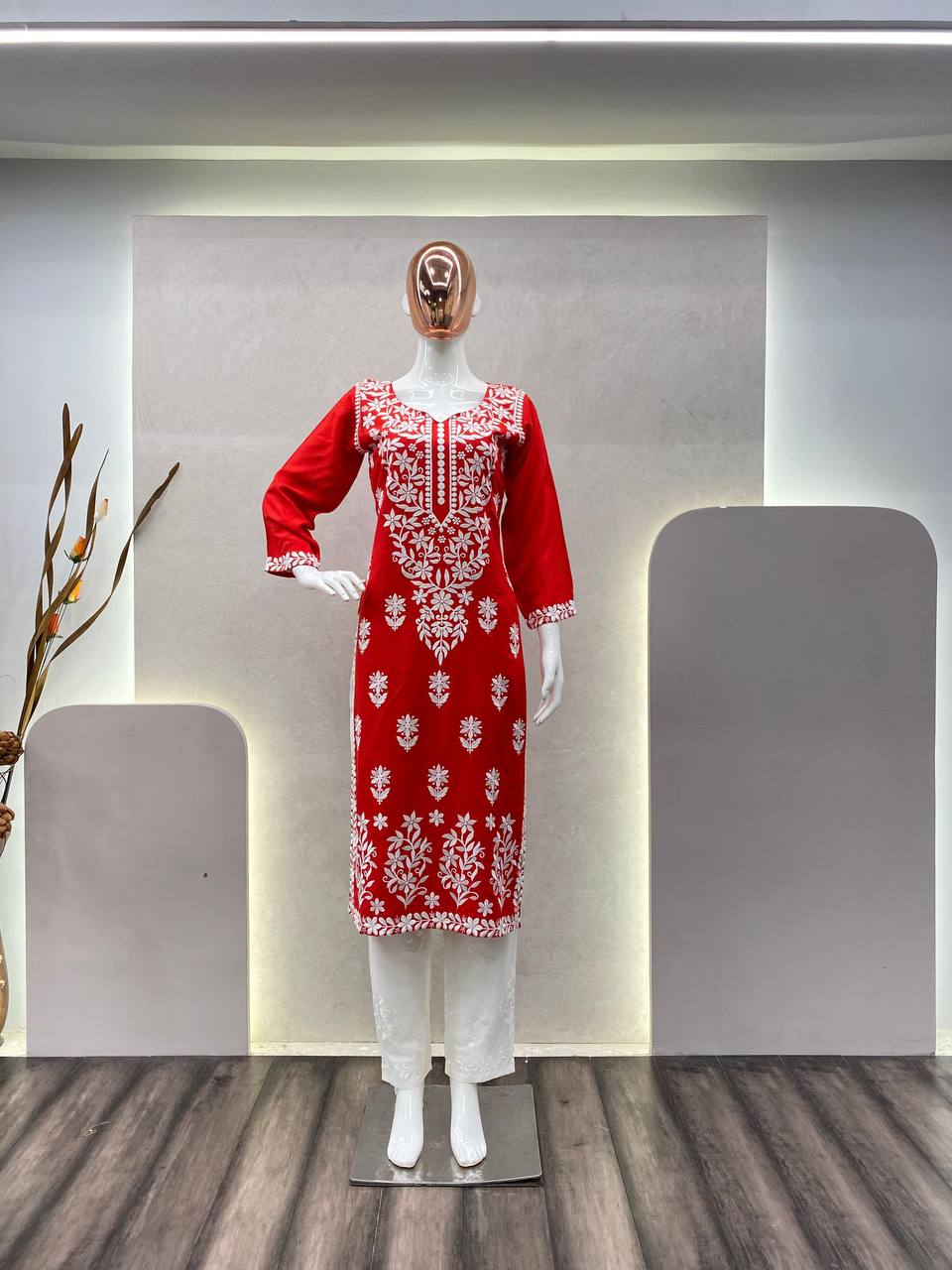 Red ChikanKari Pallazo Set