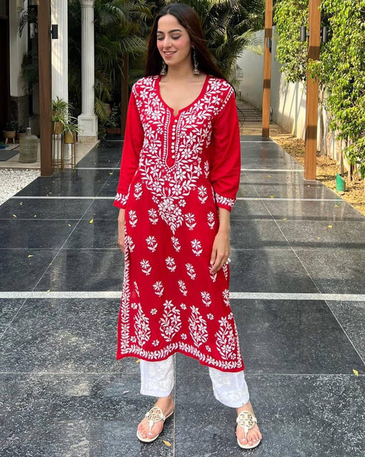 Red ChikanKari Pallazo Set