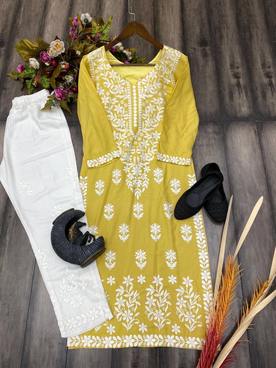 Yellow ChikanKari Pallazo Set